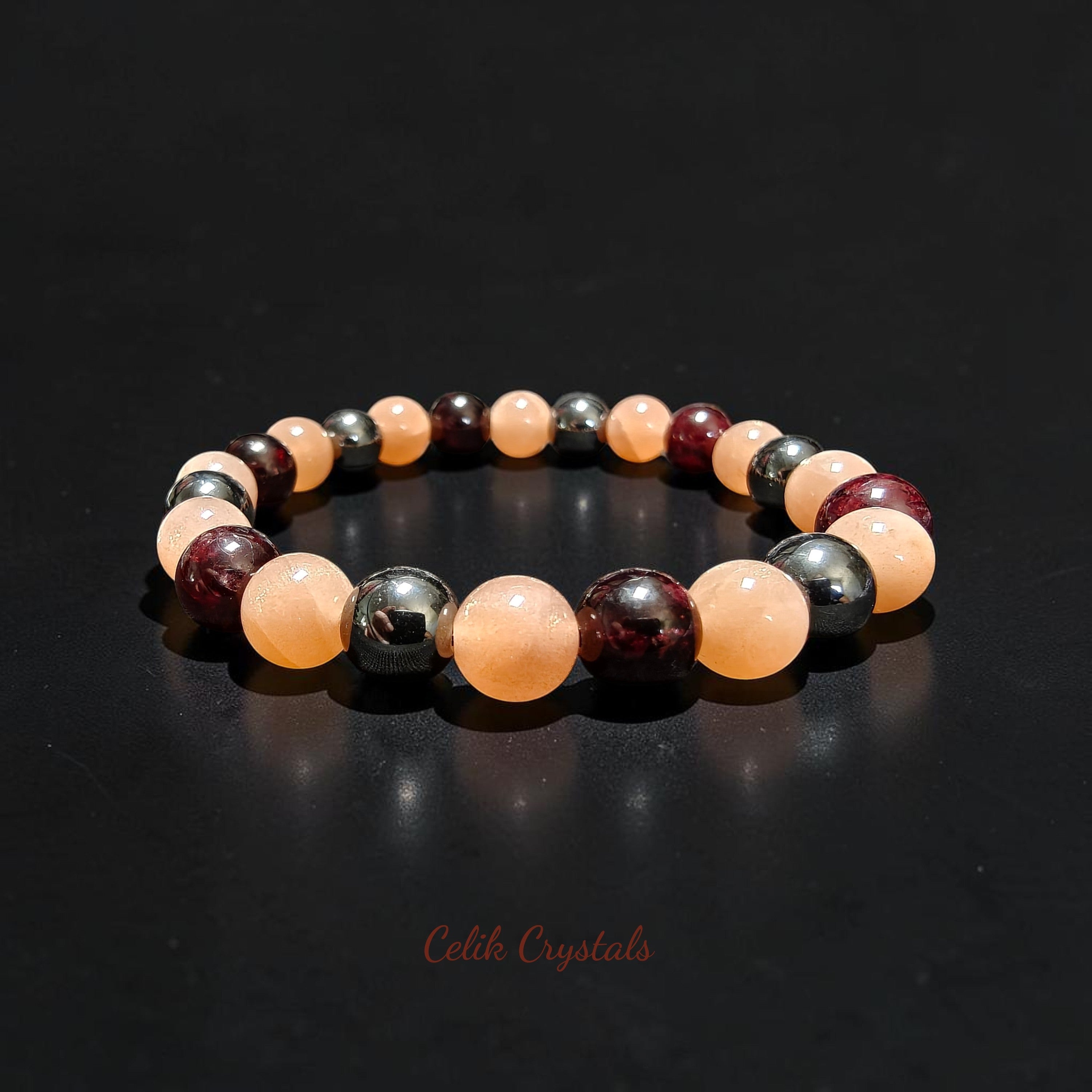 Garnet Peach Moonstone Hematite Bracelet 8mm Unisex