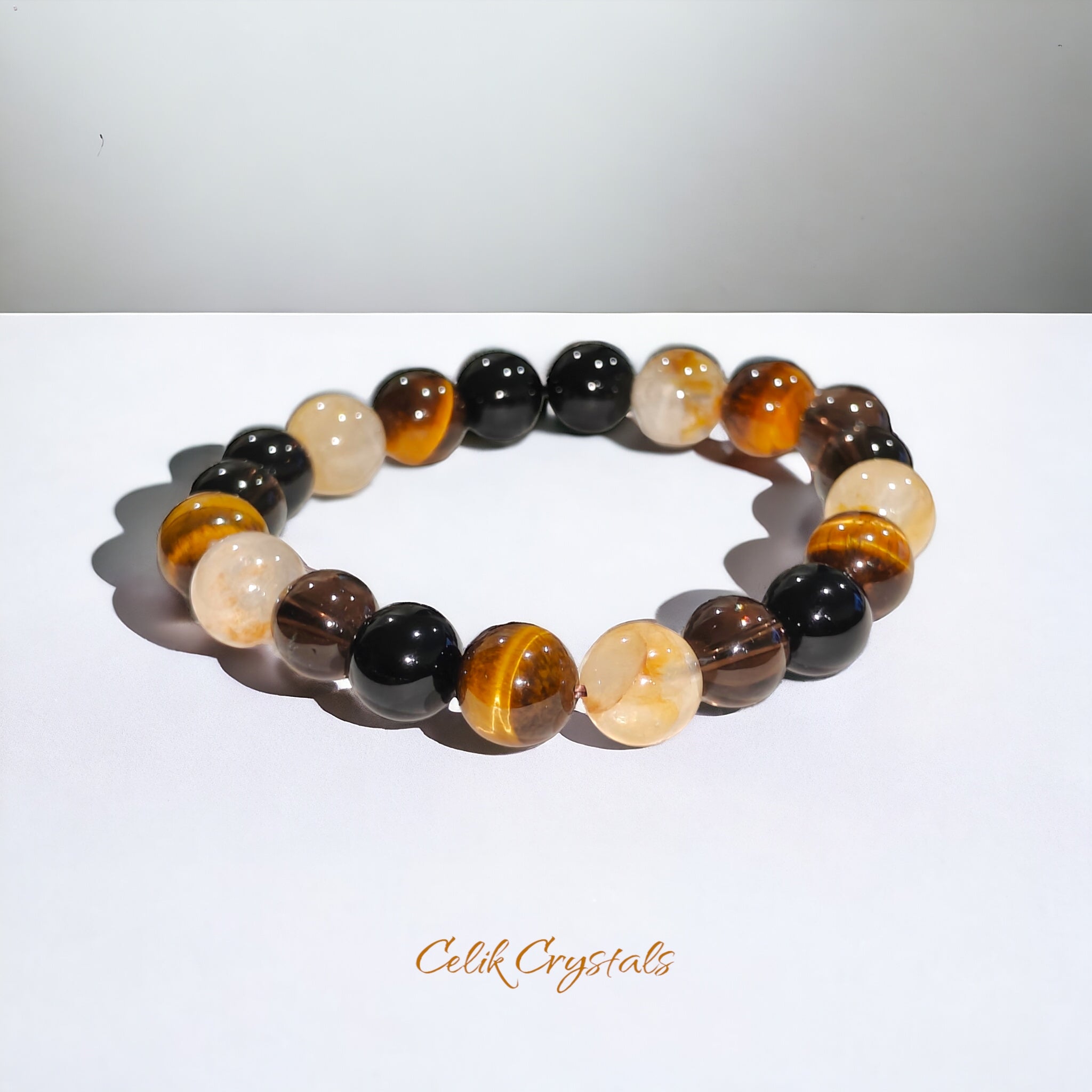 Smoky Quartz, Golden Healer Quartz, Tiger Eye Bracelet Natural Stones 