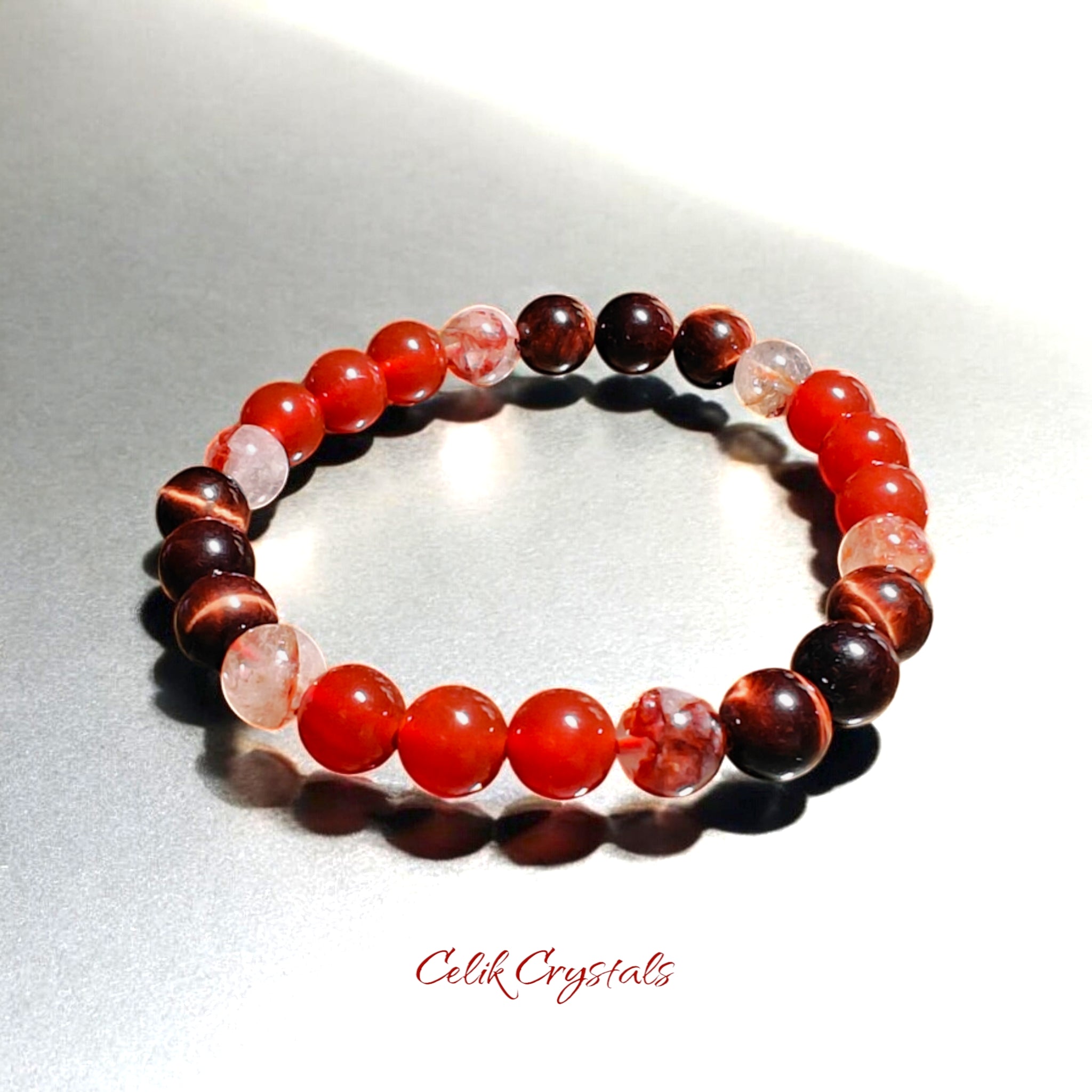 Red Tiger Eye Bracelet with Carnelian and Fire Quartz 