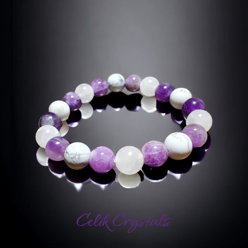 Triple Protection Amethyst White Quartz and Howlite Bracelet 