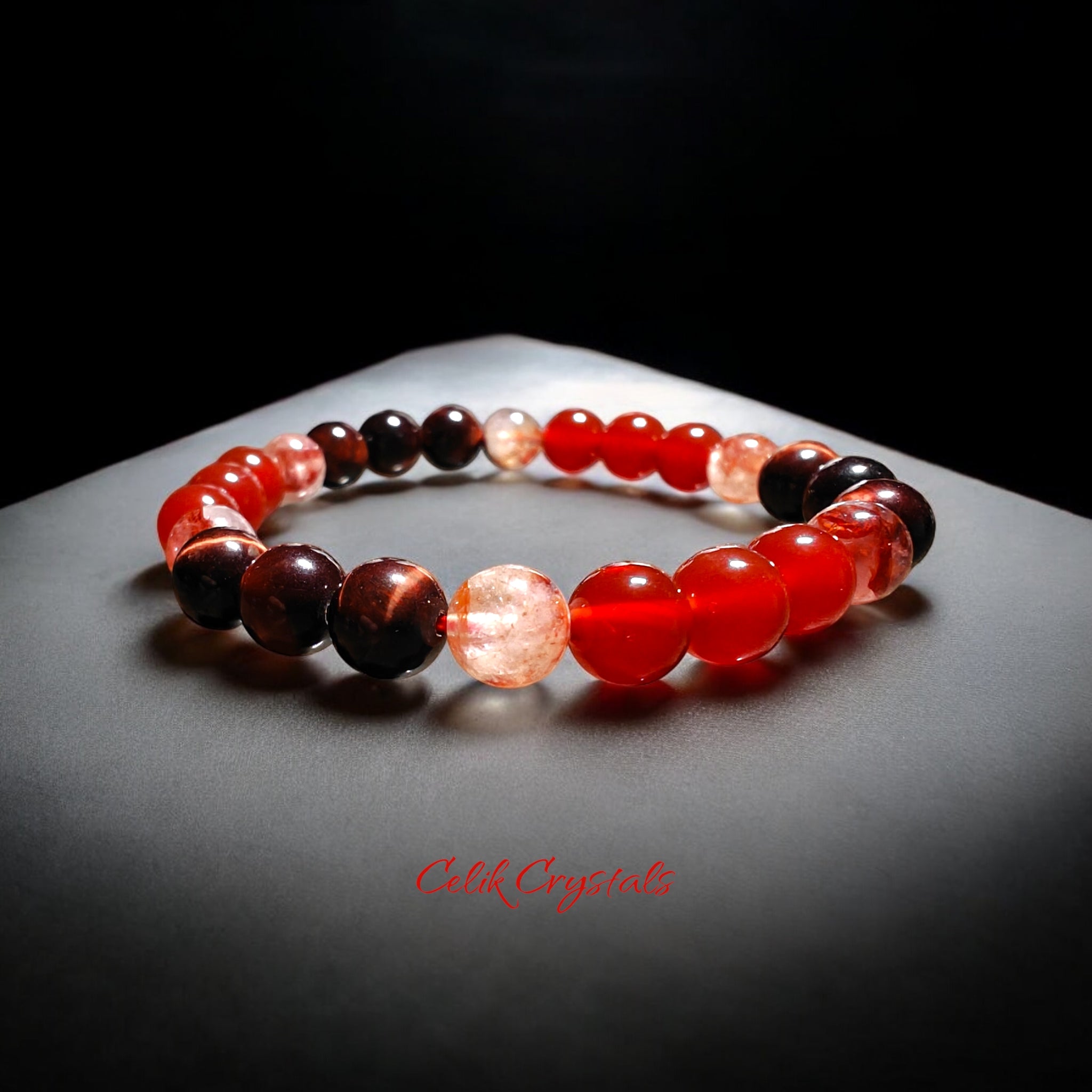 Red Tiger Eye Bracelet with Carnelian and Fire Quartz 