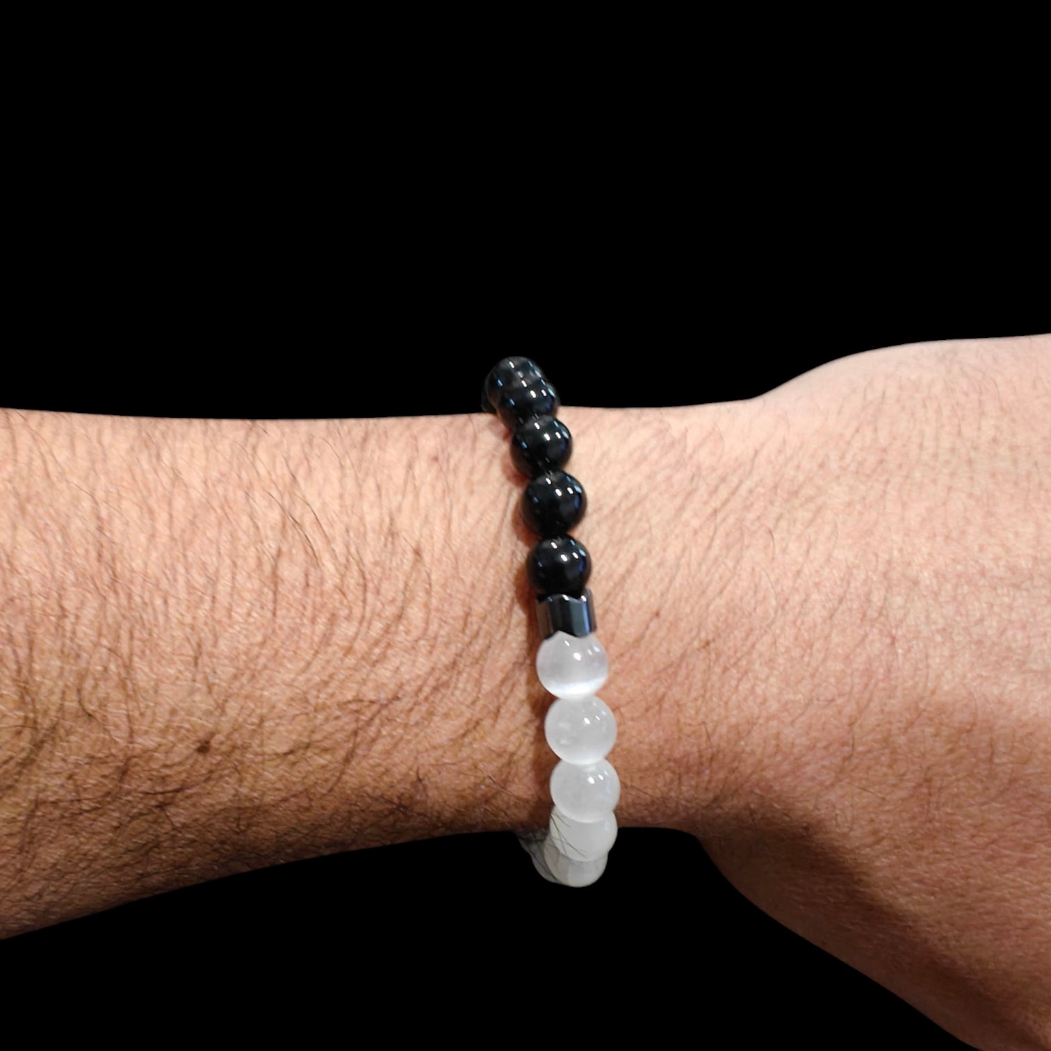 Selenite and Black Tourmaline Bracelet With Hematite spacers 8mm beads natural stones Unisex design Stretches 