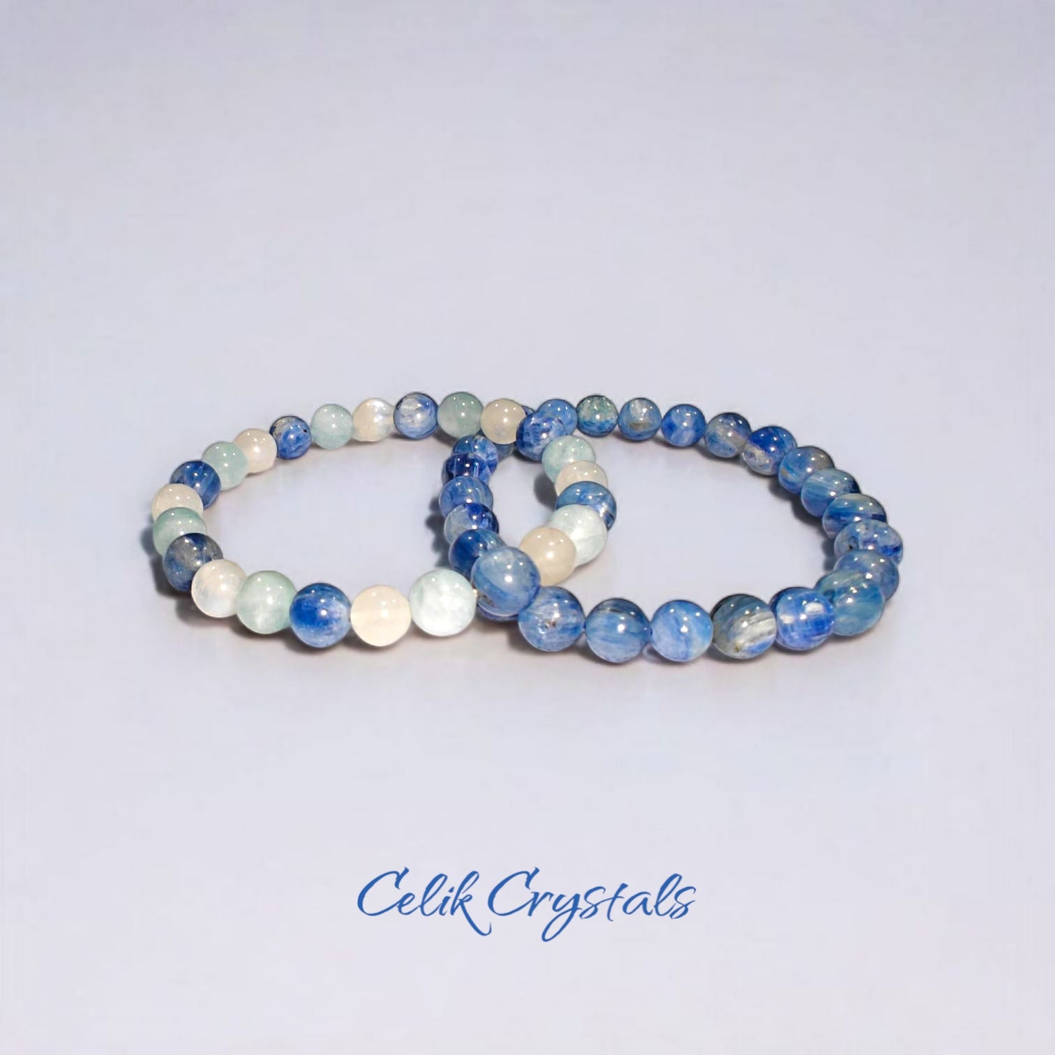Kyanite, Aquamarine, Moonstone Bracelet Stack 2 Pieces 8mm Unisex