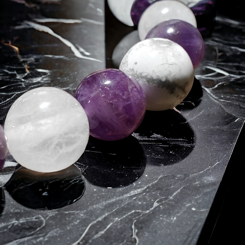 Triple Protection Amethyst White Quartz and Howlite Bracelet 