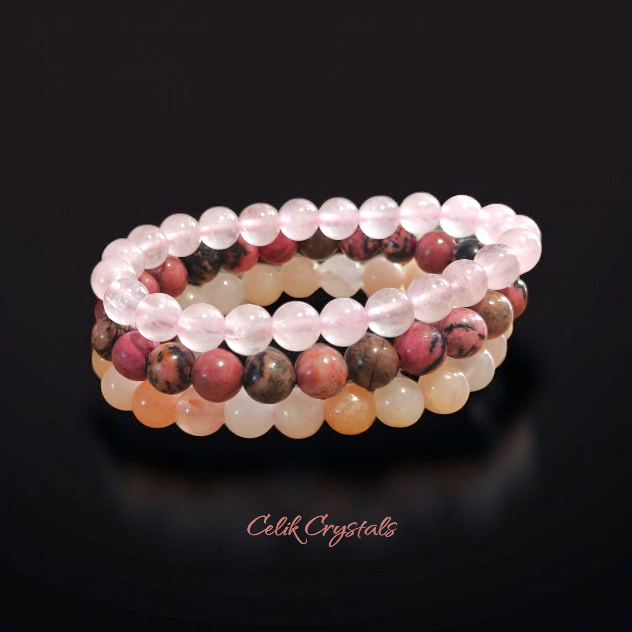 3 Piece Protection Bracelet Set for Love includes Rose Quartz, Rhodonite and Peach Aventurine 