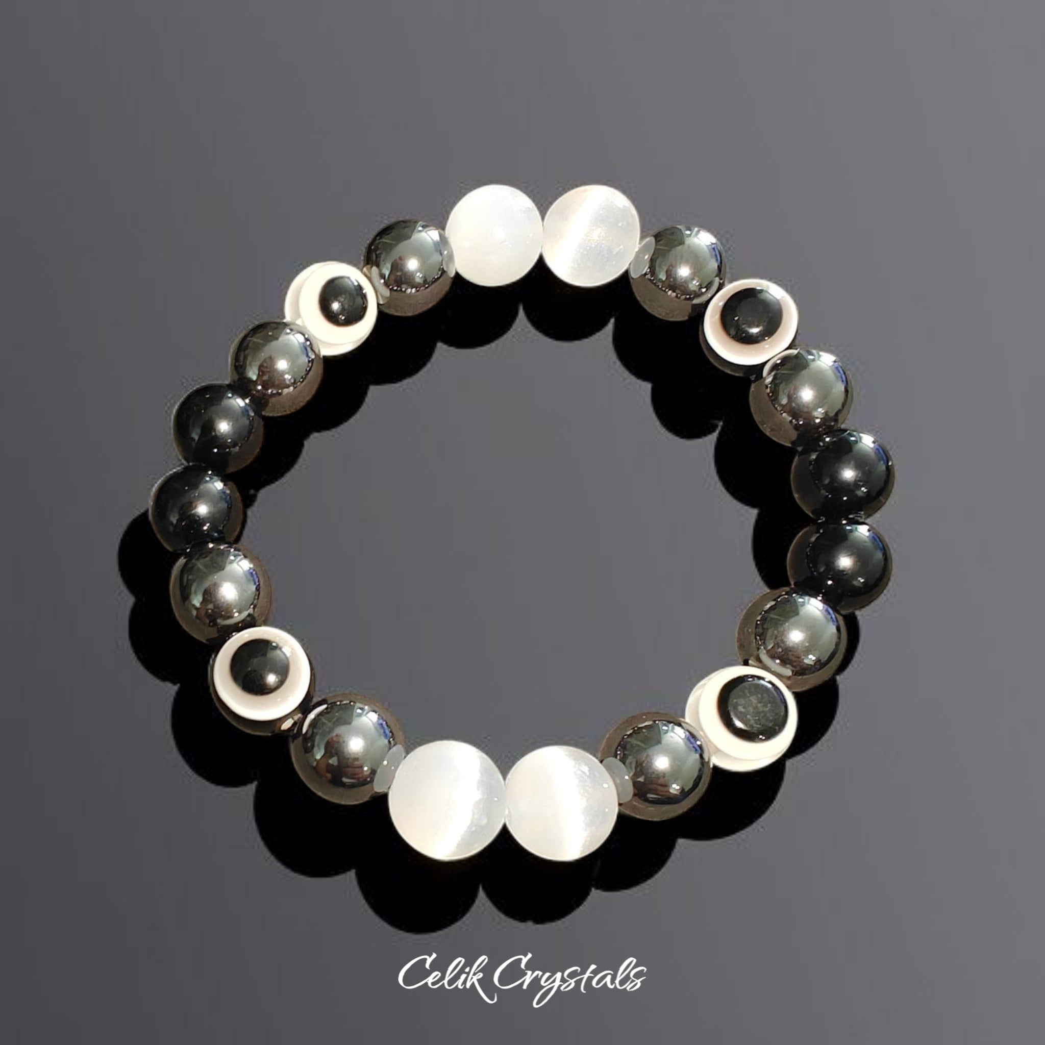 Evil Eye Bracelet with Hematite Black Tourmaline Selenite Natural Stones 8mm or 10mm beads Handmade 