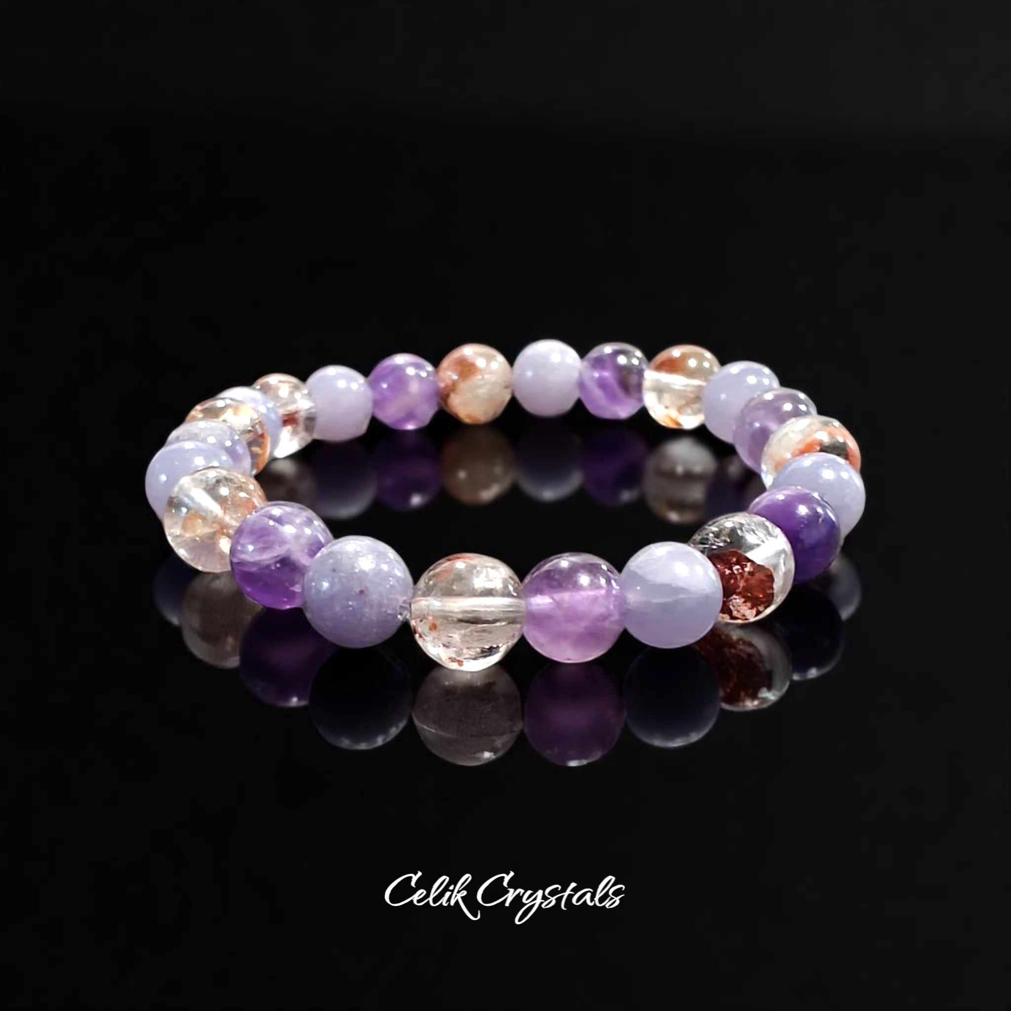 Lepidolite and Chevron Amethyst Bracelet Natural Stones 8mm Stretches Unisex Healing Bracelet 
