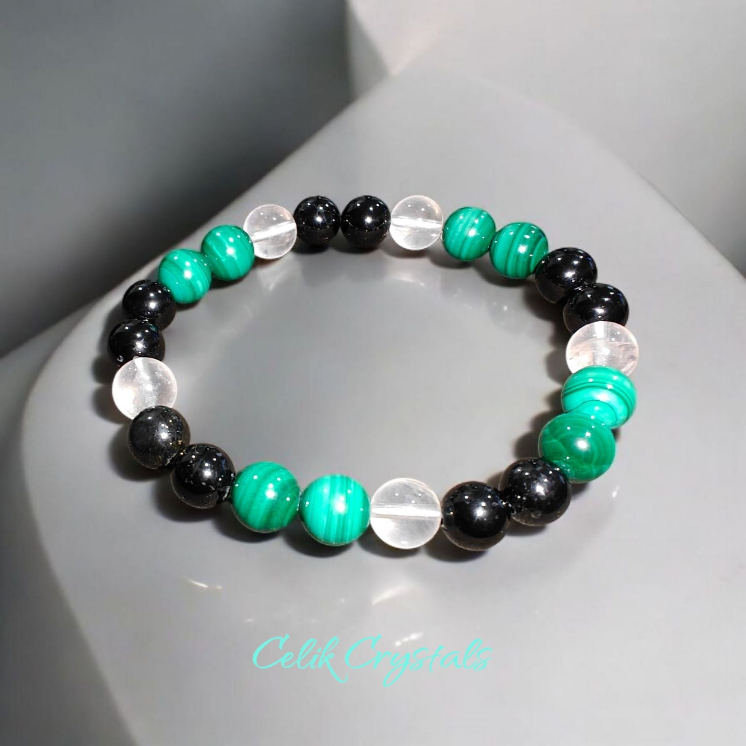 Malachite Bracelet with Black tourmaline and Quartz crystals stretches unisex design 
