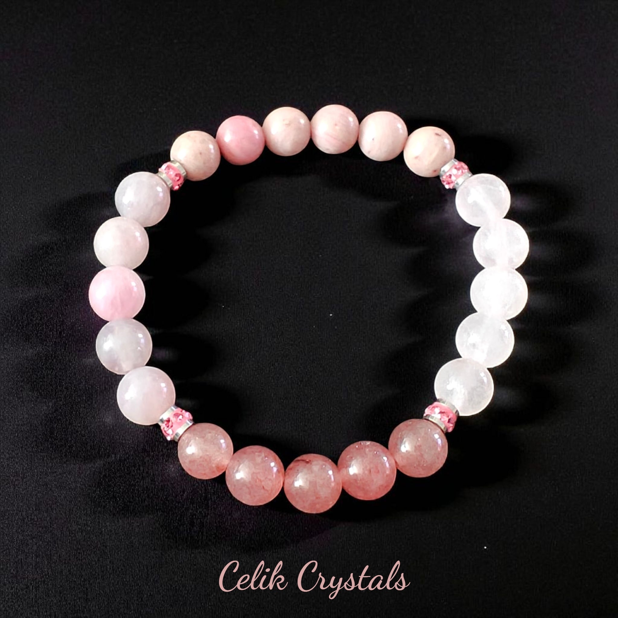 Lavender, Rose, Strawberry Quartz and Rhodonite Bracelet 8mm