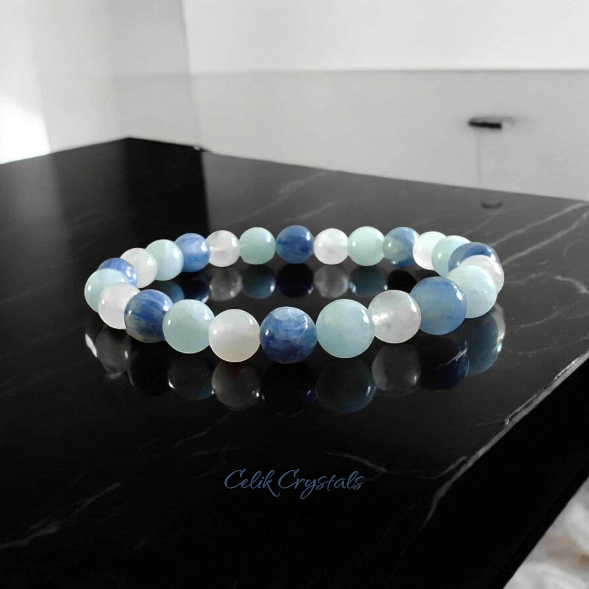 Kyanite Bracelet with Moonstone and Aquamarine natural crystals on a stretch 8mm Stretch Band 