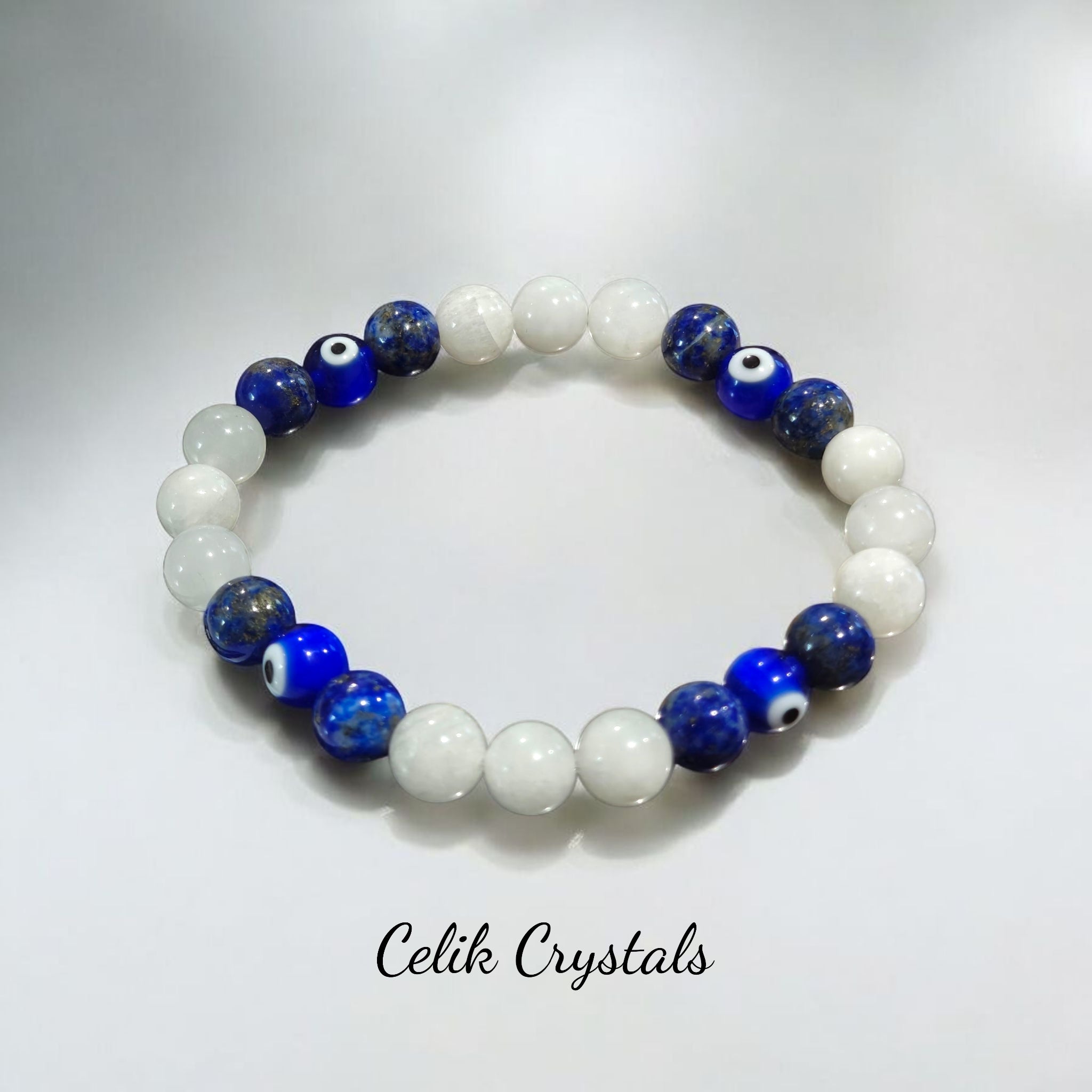 Lapis Lazuli and Moonstone Evil Eye Bracelet 8mm
