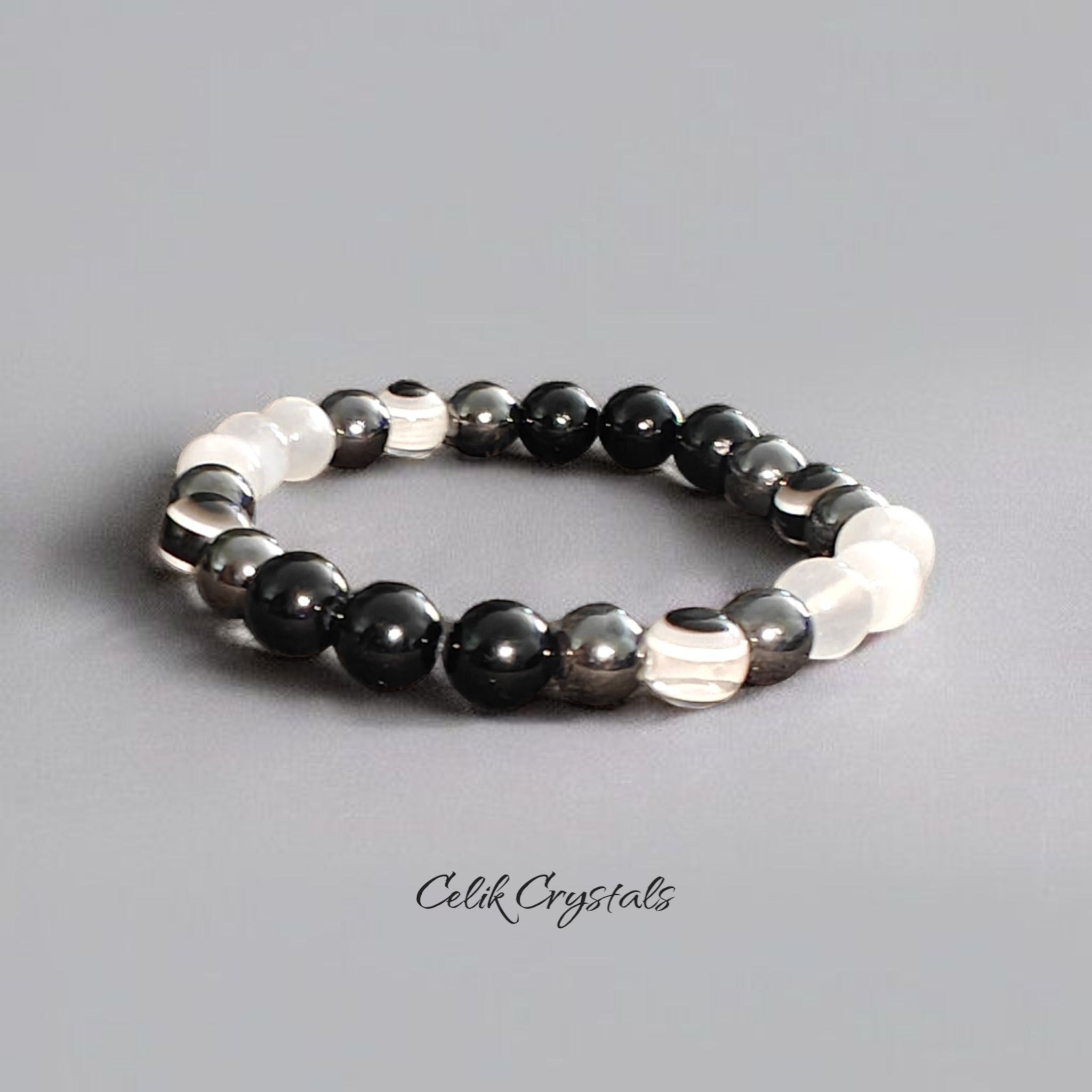 Evil Eye Bracelet with Hematite Black Tourmaline Selenite Natural Stones 8mm or 10mm beads Handmade 
